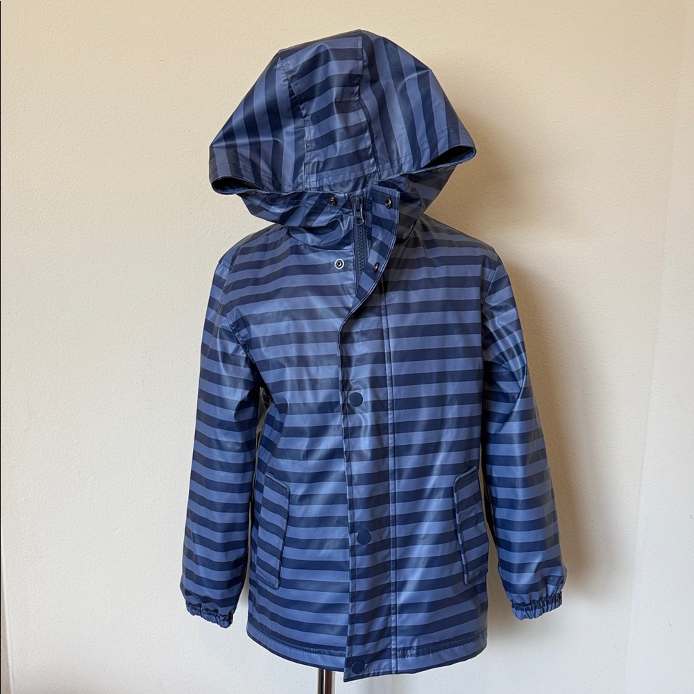 Tucker + Tate Blue striped rain coat size 7 hooded, zipper, button over pocketed